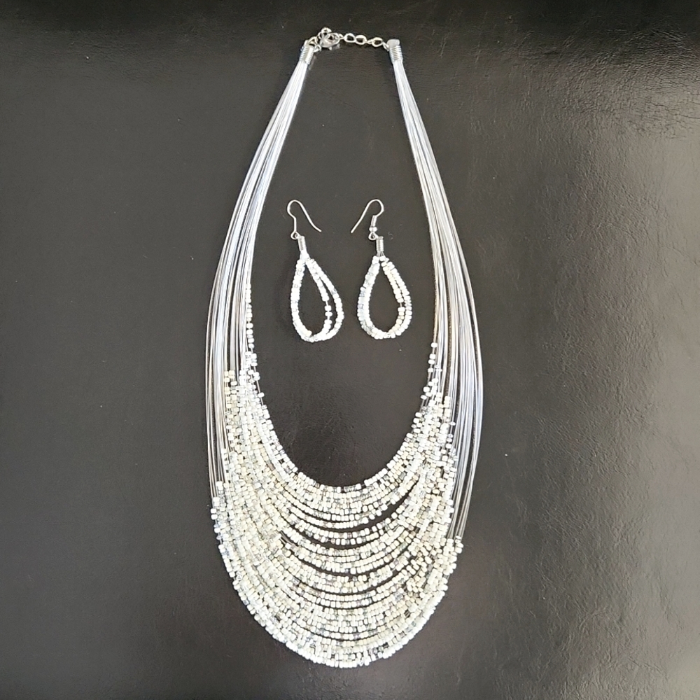 Beaded necklace and earrings set, white and irridescent